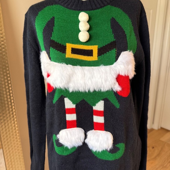 Forever 21 Ugly Christmas Sweater Elf Crewneck Green‎ Black Holiday S - Picture 3 of 6